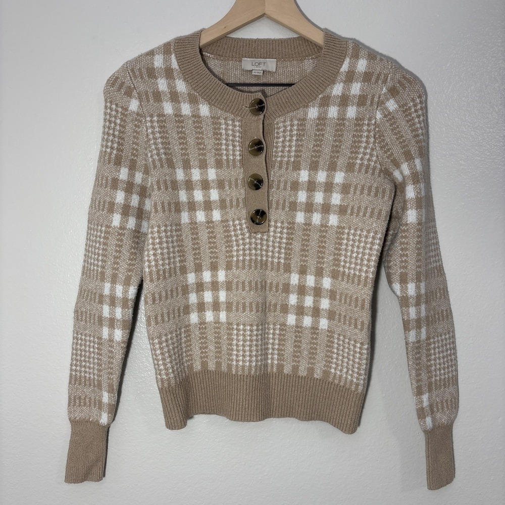 LOFT Outlet Tan & White Plaid Round Neck Sweater Button Front Classic Comfy XS